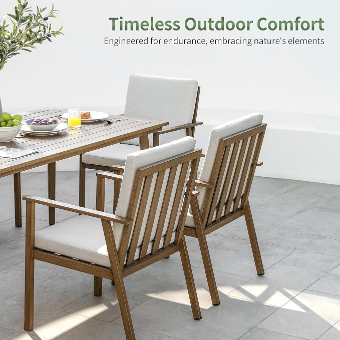 7 Pieces Patio Dining Set for 6, Never-Rust Aluminum Outdoor Table and Chairs Set with Cushions, Modern Patio Furniture with Umbrella Hole, 6 Pario Chairs & Table for Backyard Deck Pool, Teak