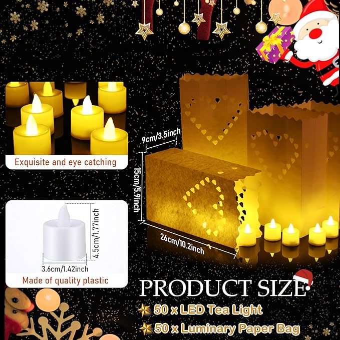 Sabary 50 Sets Luminary Bags with Flameless Tea Lights Outdoor Luminaries LED Lantern Candle Bags for Wedding Birthday Ramadan Christmas Party Decorations Romantic Decor(Heart)