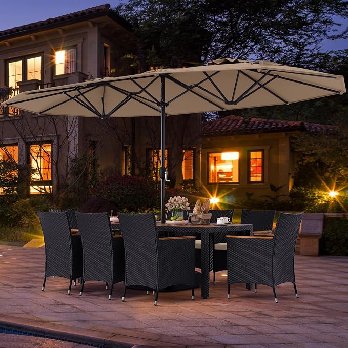 Tangkula 11 Piece Patio Wicker Dining Set w/Double-Sided Patio Umbrella, 8 Stackable Cushioned Chairs, 71" Acacia Wood Dining Table & 15 ft Umbrella with Weighted Base (Coffee+Off White)
