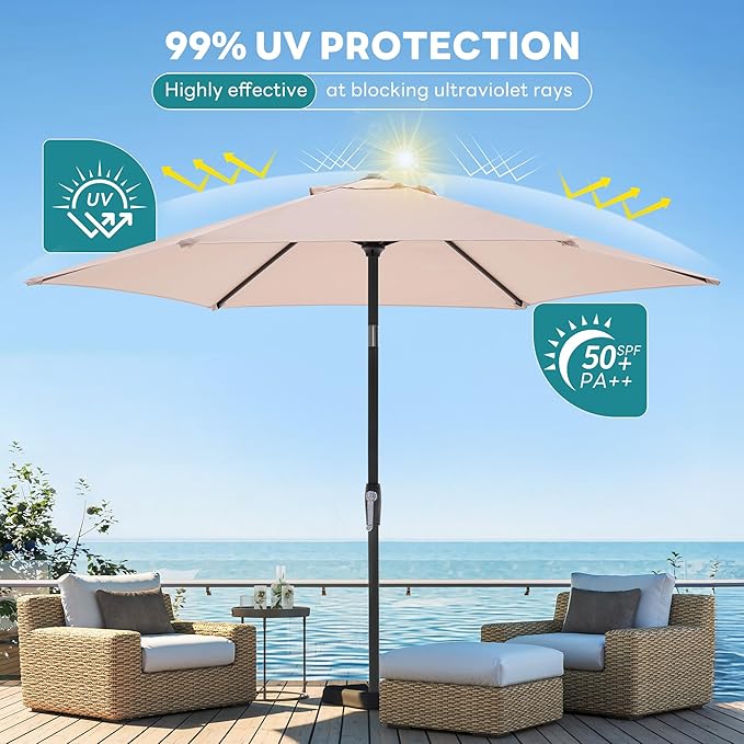 OLIXIS 9Ft Patio Umbrella with Tilt and Crank Button & Sturdy Ribs Waterproof, Patio Table Umbrella Perfect for Poolside, Terrace, Beach and Outdoor Restaurant