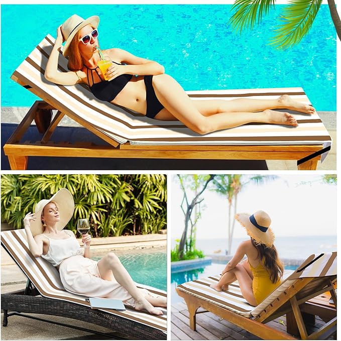 Fumete 2 Pack Lounge Chair Covers 30 x 85 Inch Pool Chaise Lounge Towels Microfiber Beach Chair Towel Portable Striped Outdoor Patio Furniture Cover for Sunbathing Picnic Spa(Beige and Camel)