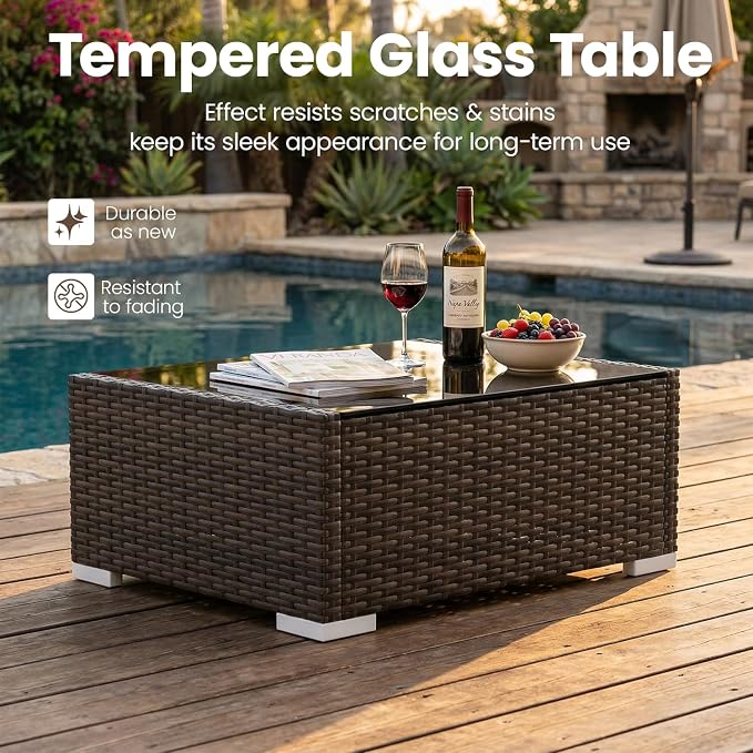 10 Pieces Patio Furniture Set with 44" Propane Gas Fire Pit Table, Outdoor Sectional Brown Rattan Wicker Conversation Sofa Sets with Coffee Table