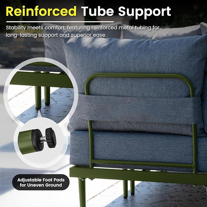 Sundale Outdoor 4 Pieces Patio Furniture Set, Metal Sectional Sofa Patio Conversation Set with 6 Inch Cushions, Modern Patio Corner Couch for Balcony, Porch, Sunroom (Grey/Green)