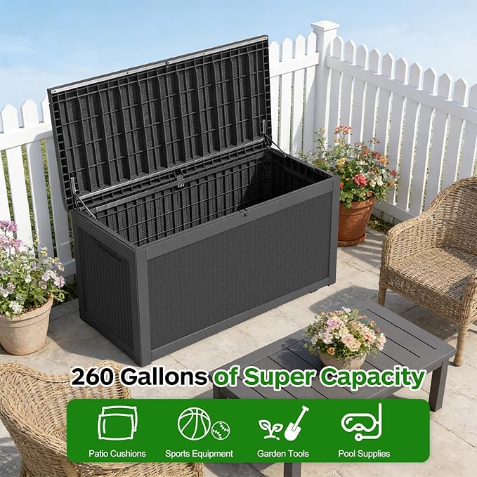 260 Gallon Outdoor Deck Boxes, IP68 Waterproof Outdoor Storage Box with Hydraulic Lid Support, Outside Resin Container for Furniture, Toy, Shoe, Garden & Patio Tools Storage -Black
