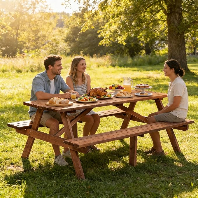 75'' Wooden Picnic Table,Outdoor Wooden Dining Rectangle Table w/Umbrella Hole,Picnic Table Bench Set for 6 or 8 Person, Natural for Camping, Garden & BBQ,Brown