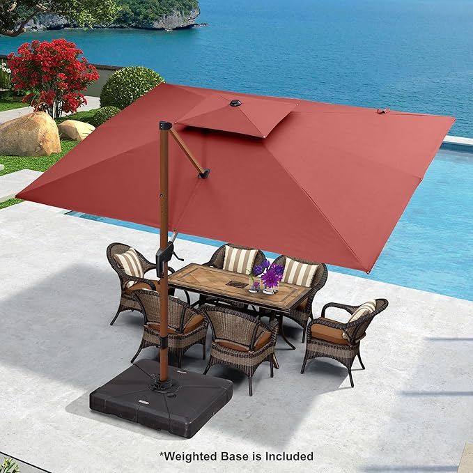 PURPLE LEAF 9' X 12' Double Top Deluxe Wood Pattern Rectangle Patio Umbrella with Base Offset Hanging Umbrella Outdoor Market Umbrella Garden Umbrella, Brick Red