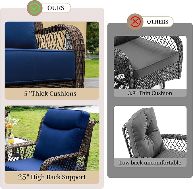 PIZZELLO 4 Pieces Patio Furniture Set w/3-Seater Outdoor Sectional Sofa, Swivel Rocker Patio Chairs and Side Table, Outdoor Wicker Conversation Set for Backyard (5" Cushions and 25" Full Support Back)