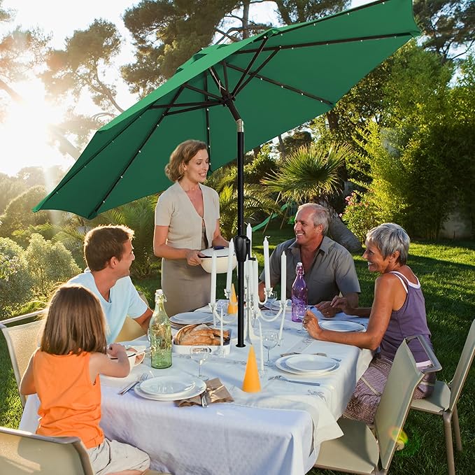 Sun-Ray 9' Round Patio Umbrella with 32 Solar Powered LED Lights, Push-Button Tilt and Hand Crank Lift, Solar Umbrella in Hunter Green for Porch, Deck, and Patio