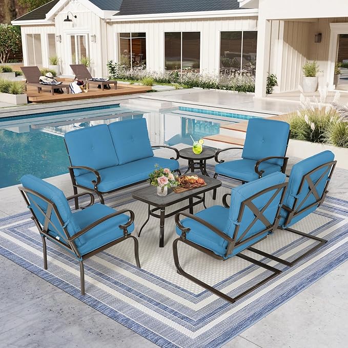 Oakcloud 7Pcs Metal Outdoor Furniture Patio Conversation Set (Loveseat, Coffee Table and Bistro Table, 2 Spring Chair, 2 Dining Chair) -Wrought Iron Patio Chair Set with Cushions (Blue)