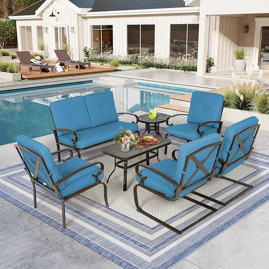 Oakcloud 7Pcs Metal Outdoor Furniture Patio Conversation Set (Loveseat, Coffee Table and Bistro Table, 2 Spring Chair, 2 Dining Chair) -Wrought Iron Patio Chair Set with Cushions (Blue)