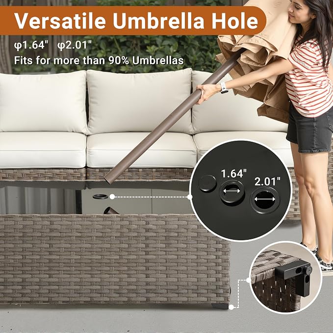 HOOOWOOO Outdoor Patio Side Table with Umbrella Hole,Wicker Coffee End Table Glass Top,Umbrella Table with 1.64" and 2" Hole for Yard,Deck,Porch,Garden(Rectangle Brown)