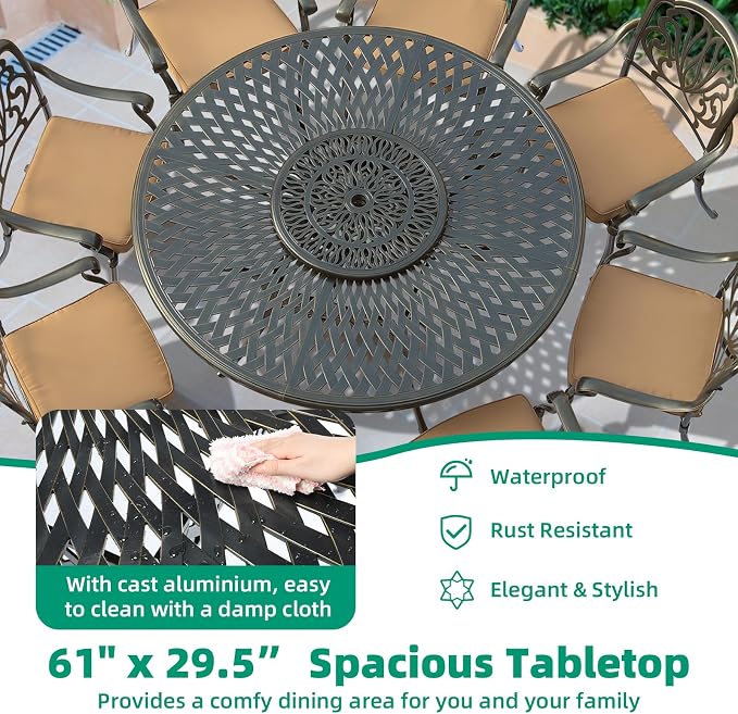 VIVIJASON Outdoor 61" Patio Round Dining Table for 6-8 Person, All Weather Cast Aluminum Patio Dining Table with 24" Lazy Susan and Umbrella Hole for Balcony, Porch and Deck