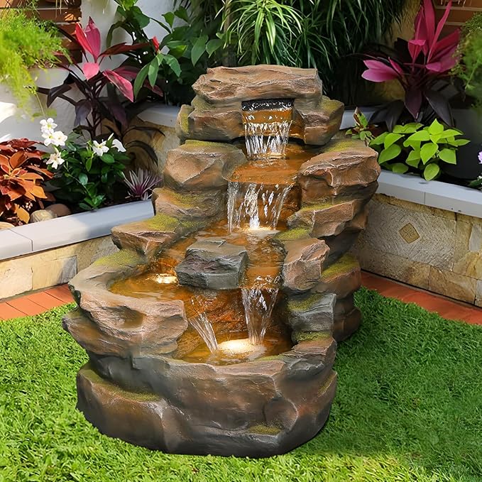 Sunlinua Water Fountain Outdoor Floor Standing 5-Tiers Rock Natural Waterfall Outdoor Garden Fountains with LED Lights for Patio, Porch, Home Art Decor