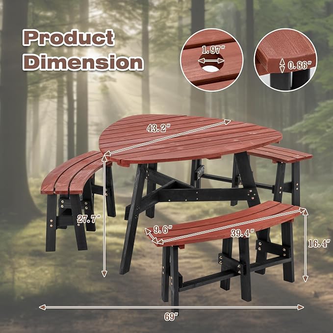 6 Person Wooden Picnic Table, Outdoor Picnic Tables with 3 Built-in 500 LBS Benches, Circular Camping Dining Table and Chairs Set with Umbrella Hole for Garden, Patio, Backyard