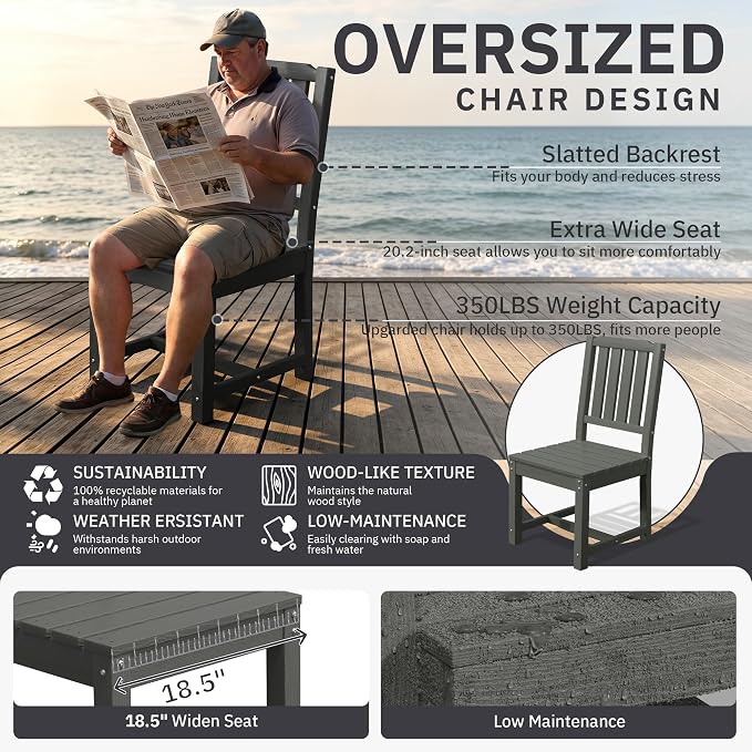 AreShark 7-Piece Outdoor Dining Set,HDPE Patio Table with 6 Armless Chairs,All-Weather Patio Furniture Set with Umbrella Hole,Low Maintenance Wood Grain Dining Set for Backyard,Garden,Poolside,Black