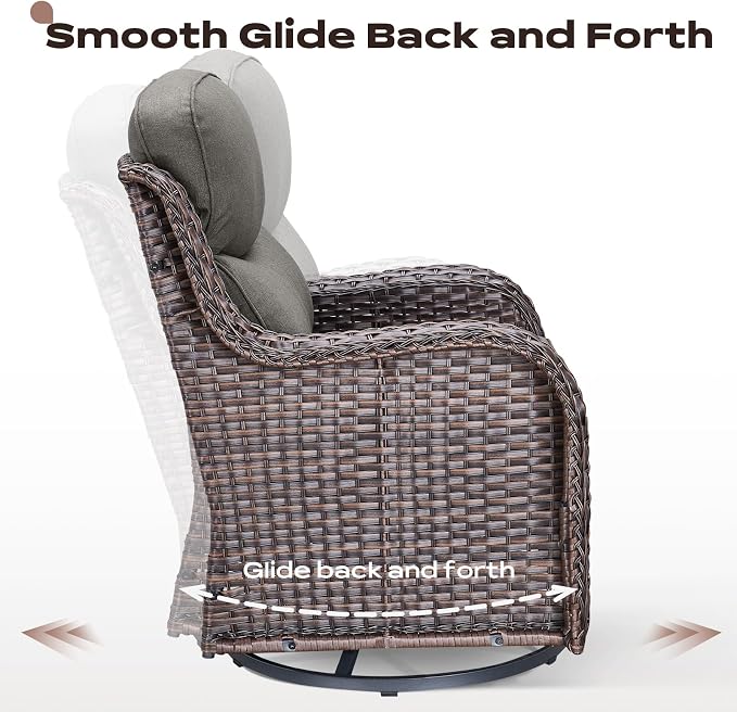 Rilyson Outdoor Swivel Rocker Chairs - All Weather Resistant Wicker Patio Furniture Set of 2 with High Back and 6 inch Thick Cushions for Deck Porch Yard and Poolside, Brown/Grey