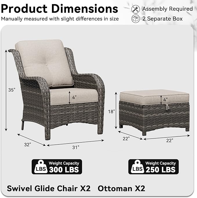 4 Piece Outdoor Wicker Patio Furniture Set, Patio Chairs Set with Thickened Olefin Cushions, High Back and Deep Seating, Hand-Woven PE Rattan, Ottoman for Porch, Deck, Beige