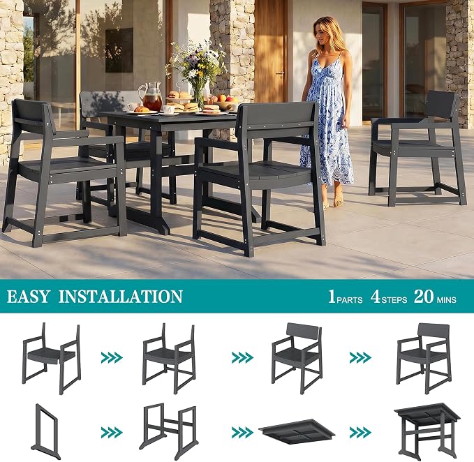 Vongrasig 5 Pieces Patio Dining Set, All Weather Outdoor HDPE Dining Furniture Set with Table and Chairs for 4, Garden Patio Furniture Set for Lawn, Backyard, Poolside, Grey
