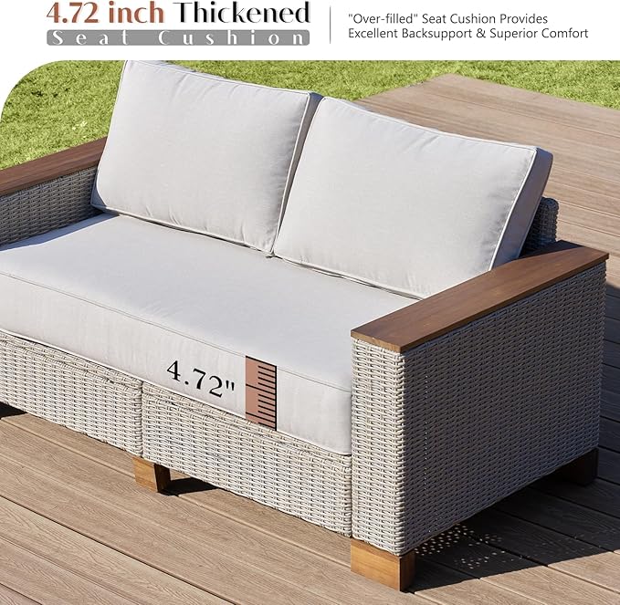 Patio Furniture Set, 6 Piece Wicker Patio Conversation Set with Wide Solid Wood Armrest, All Weather Outdoor Sectional Furniture with Wood Legs for Backyards, Porch, Poolside, Garden, Balcony