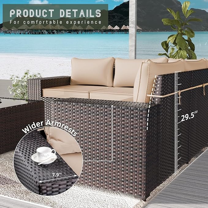 16 PCS Outdoor Patio Furniture Set,Outdoor Sectional Furniture with 45" 55000 BTU Gas Propane Fire Pit Table,All Weather PE Rattan Wicker Patio Conversation Set,Swivel Rocking Chairs Set,Sand