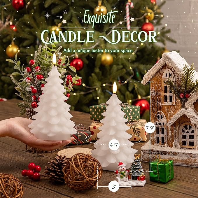Christmas Tree Candles with Remote, 2 Pack White Flameless Candles Battery Operated, Real Wax Flickering Christmas Led Candle Decorations for Winter Home Holiday Xmas Gift