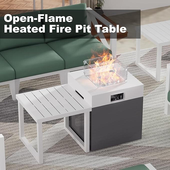 MBY Aluminum Patio Sectional Set with Fire Pit Table – 4-Seat Outdoor Conversation Sofa Set with Corner Seat & 37,000 BTU Gas Firepit, Glass Wind Guard, Weather-Resistant – White