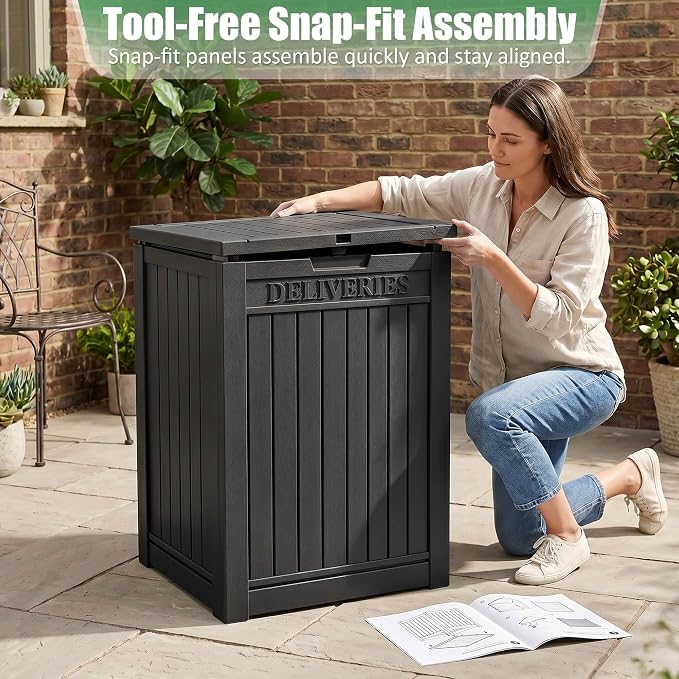 EasyUp Package Delivery Boxes for Outside, 55 Gallon Outdoor Storage Deck Box Parcel MailBox Drop Secure Resin Lockable UV Resistant Waterproof Mail Porch Patio Black