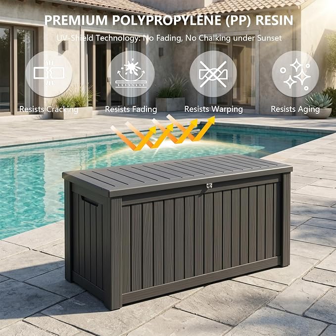 Outdoor Storage Box, 180 Gallon Waterproof Deck Box [Upgraded 3.0], Piston-Lift Tall Standing Cabinet for Oversized Cushions, Lockable Deep Tool Organizer Storage Bench, Large Lawn, Black