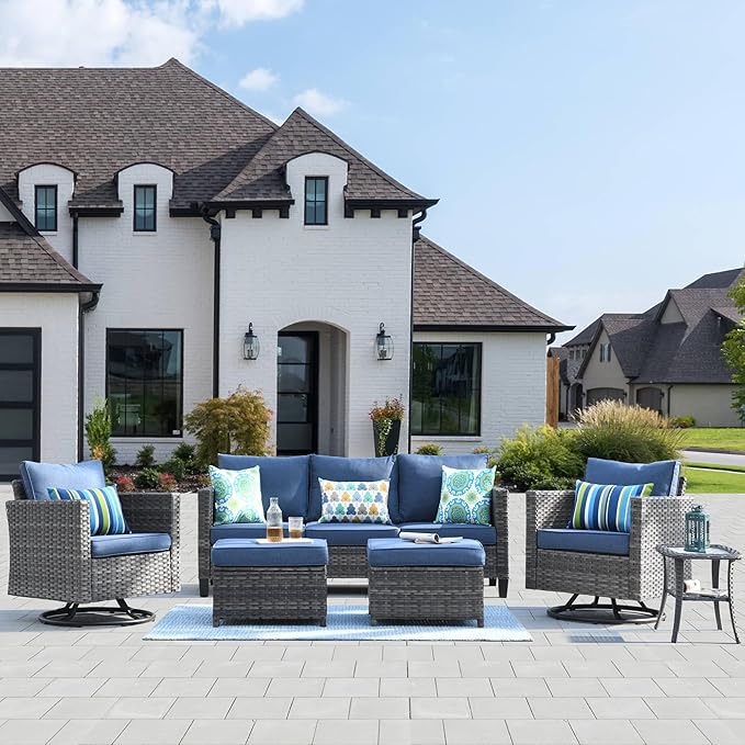 HOOOWOOO Wicker Patio Conversation Sets,6 Piece Outdoor Furniture Set with Swivel Rocking Chairs,All Weather Resistant Modern Outside Out Door Rattan Couch Chairs Side Table Set,Denim Blue