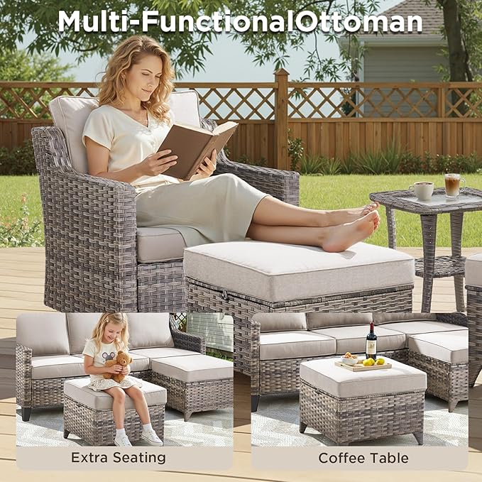 Wicker Patio Furniture Set-7 PieceAll Weather Outdoor Conversation Sets Sectional Sofa with Wicker Swivel Rocker Patio Chairs, Thick Cushions Ottomans for Porch Balcony Patio Deck Grey/Beige