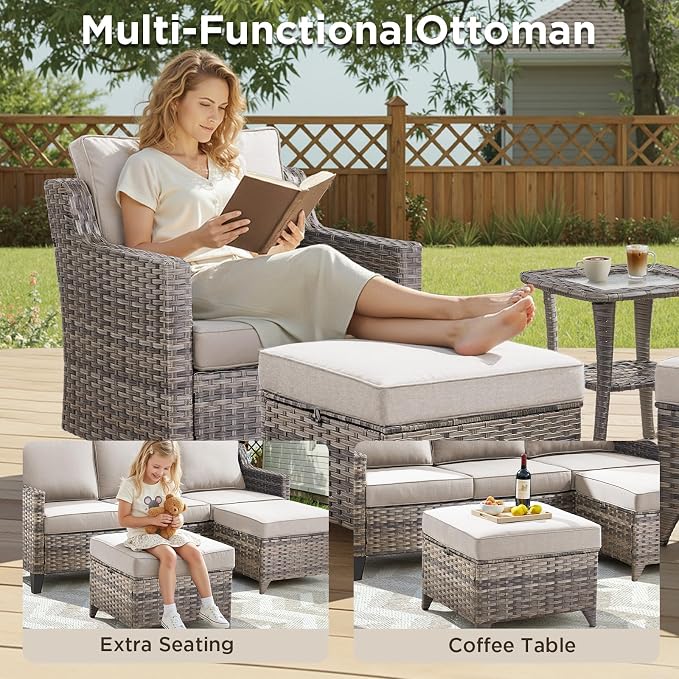 11 Pieces Patio Furniture Set with 42.5" Fire Pit Table-All Weather Wicker Outdoor Furniture with High Back Wicker Patio Chairs Set of 4 Outdoor Couch for Deck Garden Gray/Beige