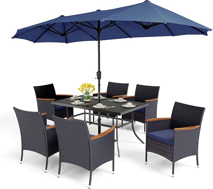 PHI VILLA 7pc Patio Dining Set w/Umbrella, Rectangular Table, Rattan Chairs | Outdoor Dining Set for 6, 60" Metal Table & 6 Cushioned Rattan Chairs with Navy Blue Umbrella for Outdoor, Deck, Yard, Porch