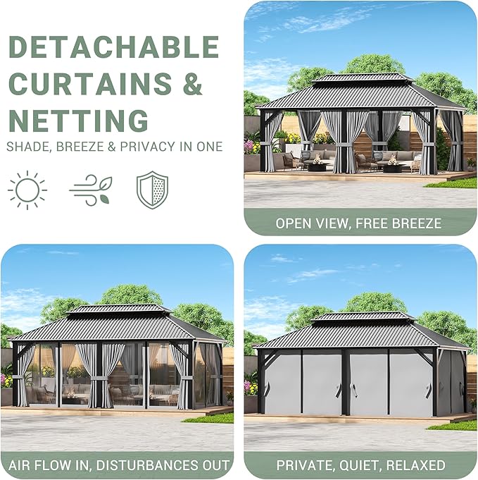 AirWire 12'x20' Outdoor Gazebo Hardtop Grill Gazebo Aluminum Galvanized Steel Double Roof Outdoor Pergola Include Curtain and Netting for Backyard, Patio, Lawn