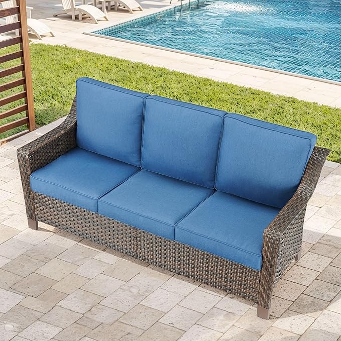 Outdoor Couch Wicker Patio Sofa-3-Seat High Back Outdoor Rattan Sofa Outdoor Patio Couch for Deck Balcony Poolside Backyard-Brown/Blue