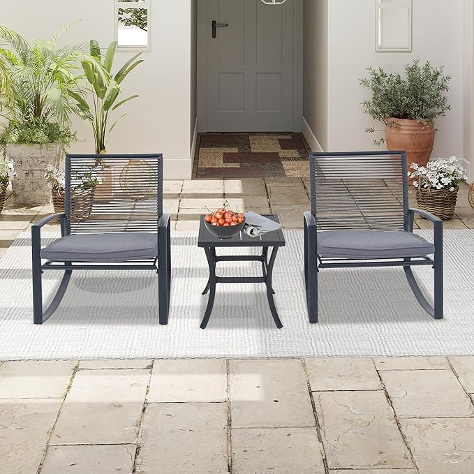 Domi Outdoor 3-Piece Wicker Rocking Chair Set, Patio Conversation Set with Removable Textilene Cushions & Metal Coffee Table, All-Weather Outside Chair Set of 3 for Balcony, Backyard, Pool, Grey