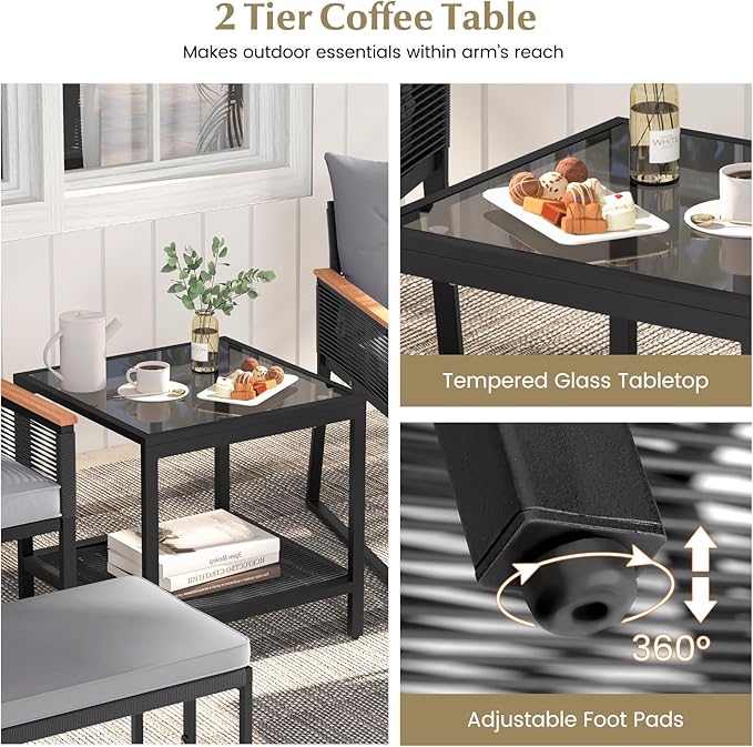 HAPPYGRILL 5 Piece Patio Conversation Set PE Rattan Wicker Chairs with 2 Ottomans, Soft Cushions and 2 Tier Coffee Table, Outdoor Furniture Set for Backyard, Garden and Poolside