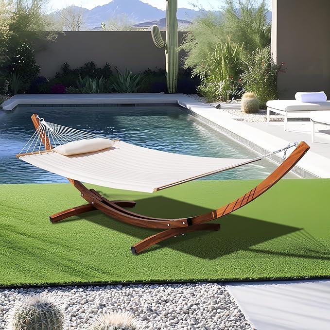 Lazy Daze Hammocks 12 FT 2 Person Double Quilted Hammock with Curved Steel Heavy Duty Stand and Pillow for Outside, Backyard, Patio, 450 Lbs Capacity, Cream