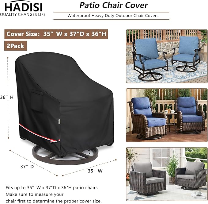 Patio Chair Covers for Outdoor Furniture Waterproof 2 Pack, Heavy Duty Waterproof Outdoor Swivel Chair Cover (35"W x37"D x36"H - Black)