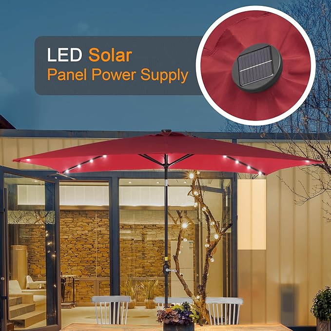 Rectangle Patio Umbrella with Solar Lights, 6x9ft Outdoor Rectangular Table Market Umbrella Patio with Push Button Tilt and Crank for Pool, Deck, Garden,Backyard