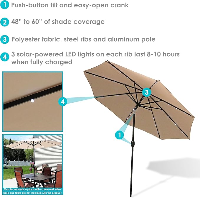 Sunnydaze 9 ft Outdoor Patio Umbrella with Solar Lights - Polyester LED Table Market Umbrella with Push-Button Tilt and Crank - Beige