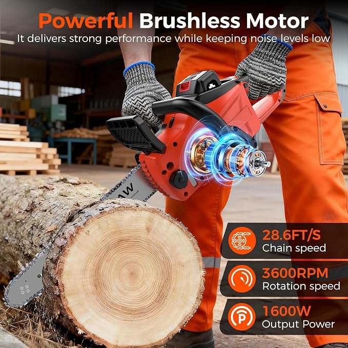 Battery Powered Chainsaw,12" & 16" Dual Guide Plate.21V Electric Cordless Chainsaw with 2 Batteries and Charger.Brushless Chain Saw Kit with Safety Goggles and Gloves for Tree Pruning and Wood Cutting