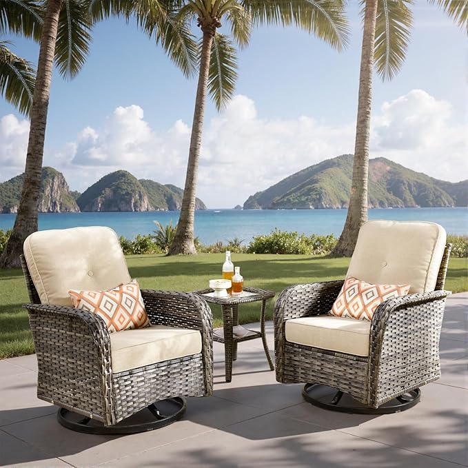 3-Piece Outdoor Patio Furniture Set with Swivel Chairs, Outdoor Conversation Wicker Sofa with Coffee Table, Rattan Couch for Deck Yard Poolside, Beige