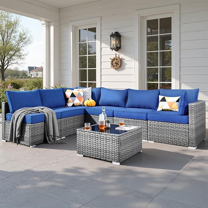 7 PCS Outdoor Patio Furniture Sets,Wicker Weather Resistant Patio Conversation Set with Comfy Cushions,Modular L Shaped Sofa with Coffee Table for Yard Backyard Porch Garden Poolside,Navy Blue