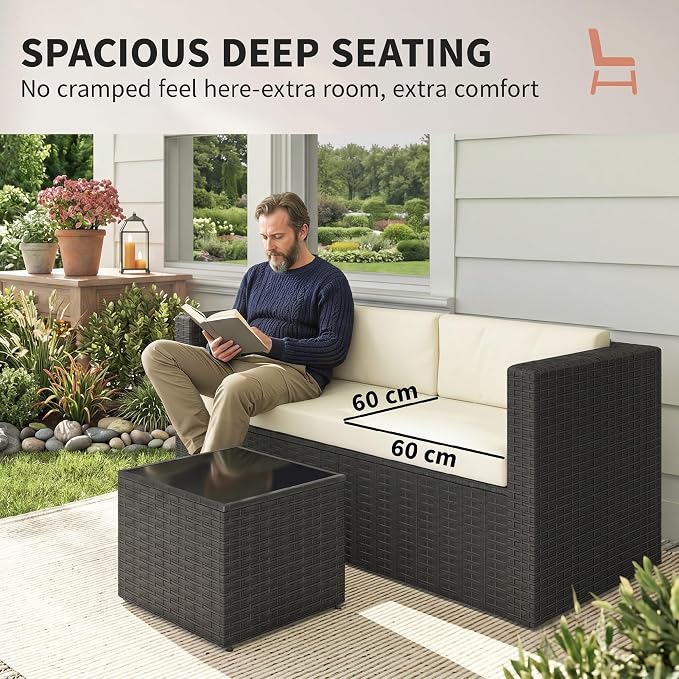 Outsunny 3 Piece Patio Furniture Set, Deep Seating Wicker Rattan Outdoor Conversation Set with Cushions, Glass Top Coffee Table for Garden, Porch, Backyard, Beige