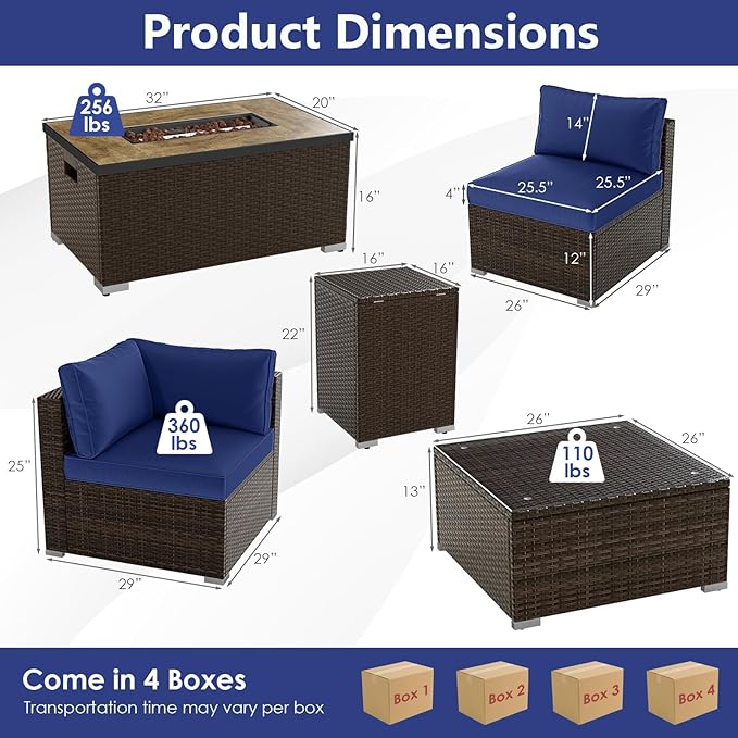 Tangkula 7 Pieces Patio Furniture Set with 32” Fire Pit Table and Propane Tank Cover, Outdoor PE Wicker Sectional Conversation Set with Cushions for Deck, Backyard, Protective Cover Included
