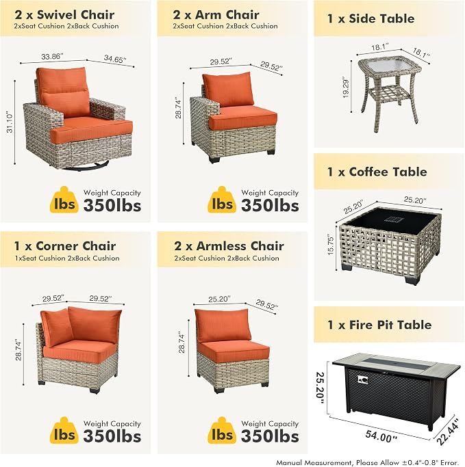HOOOWOOO Sectional Patio Furniture Set with Fire Pit Table,10 Pieces Wicker Outdoor Furniture L Shaped Couch,Outside Conversation Set Extra Deep Seat Sofa Wide Arm Swivel Chairs Solar Table,Brick Red