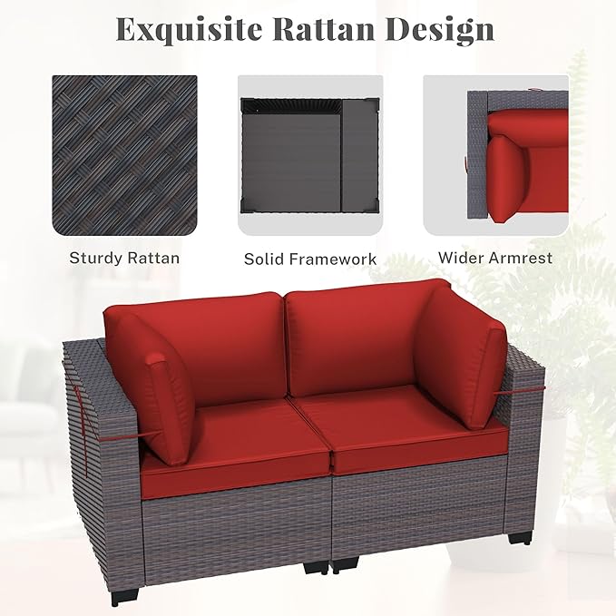 Patio Furniture Set with Fire Pit Table 8 Pieces Outdoor Sectional Sofa Set,PE Rattan Wicker Patio Conversation Set w/43in 55000 BTU Propane Fire Pit Table,Red