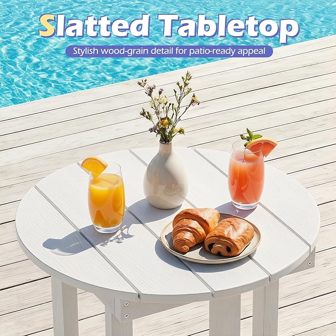 Tangkula Round Outdoor Side Table, Adirondack Side Table with Weather-Resistant, Waterproof Top, Small Outside End Table for Patio Deck Pool Porch, Easy Maintenance (White,1)