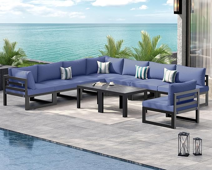 NICESOUL 10 Piece Large Luxury Aluminum Patio Conversation Set, 29" Deep Wide Comfortable Sitting, L Shaped Modular Sectional Couch, 500 lbs Heavy Duty All Weather Outdoor Sofa for Garden, Denim Blue