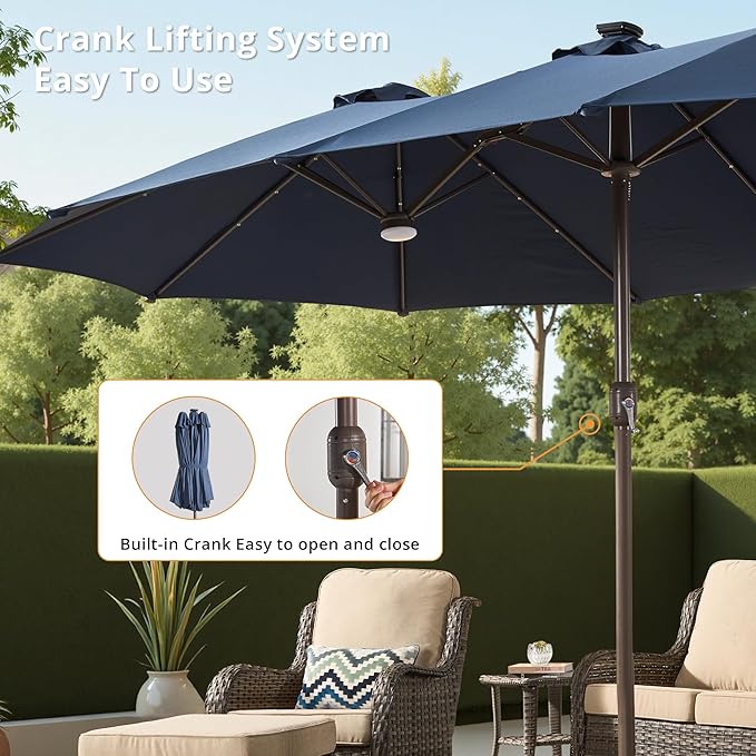 15ft Large Patio Umbrellas with Base & Solar Lights,Outdoor Rectangle Double-Sided Market Umbrella with Stand & 38 LED Lights,Outside Umbrellas for Poolside Deck Backyard (Blue)